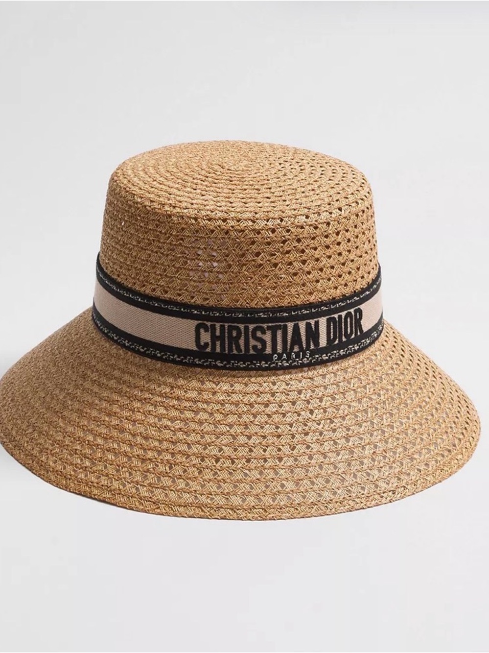 Dior Tan Straw Bucket Hat with Black Logo Band - Picture 7 of 10